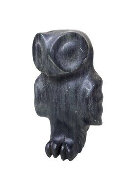 Inuit Carved Black Soapstone Owl Figurine Sculpture Signed Base 6" Wide Eyed